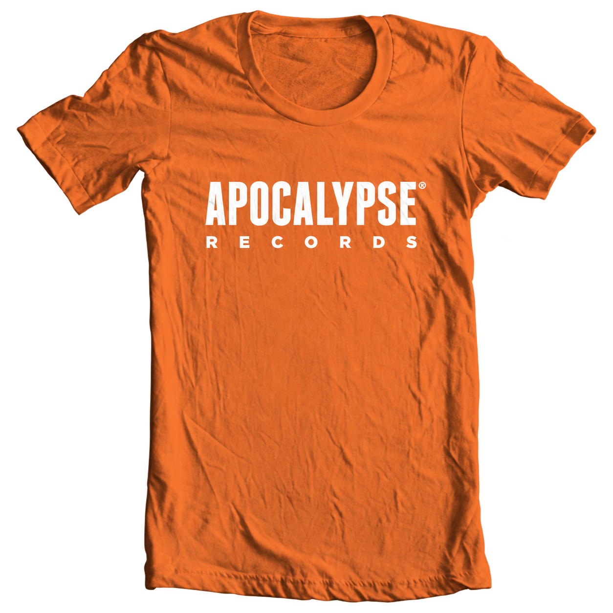 Orange Apocalypse Records T-shirt with a white wordmark.