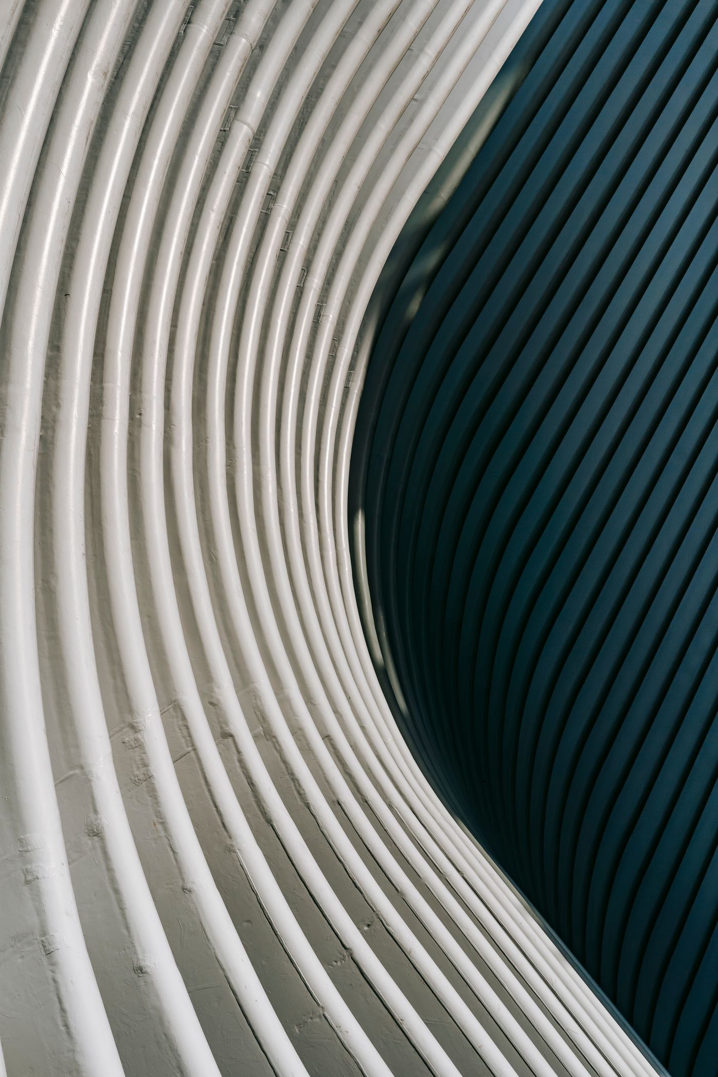 Curved building surfaces catching the sunlight.