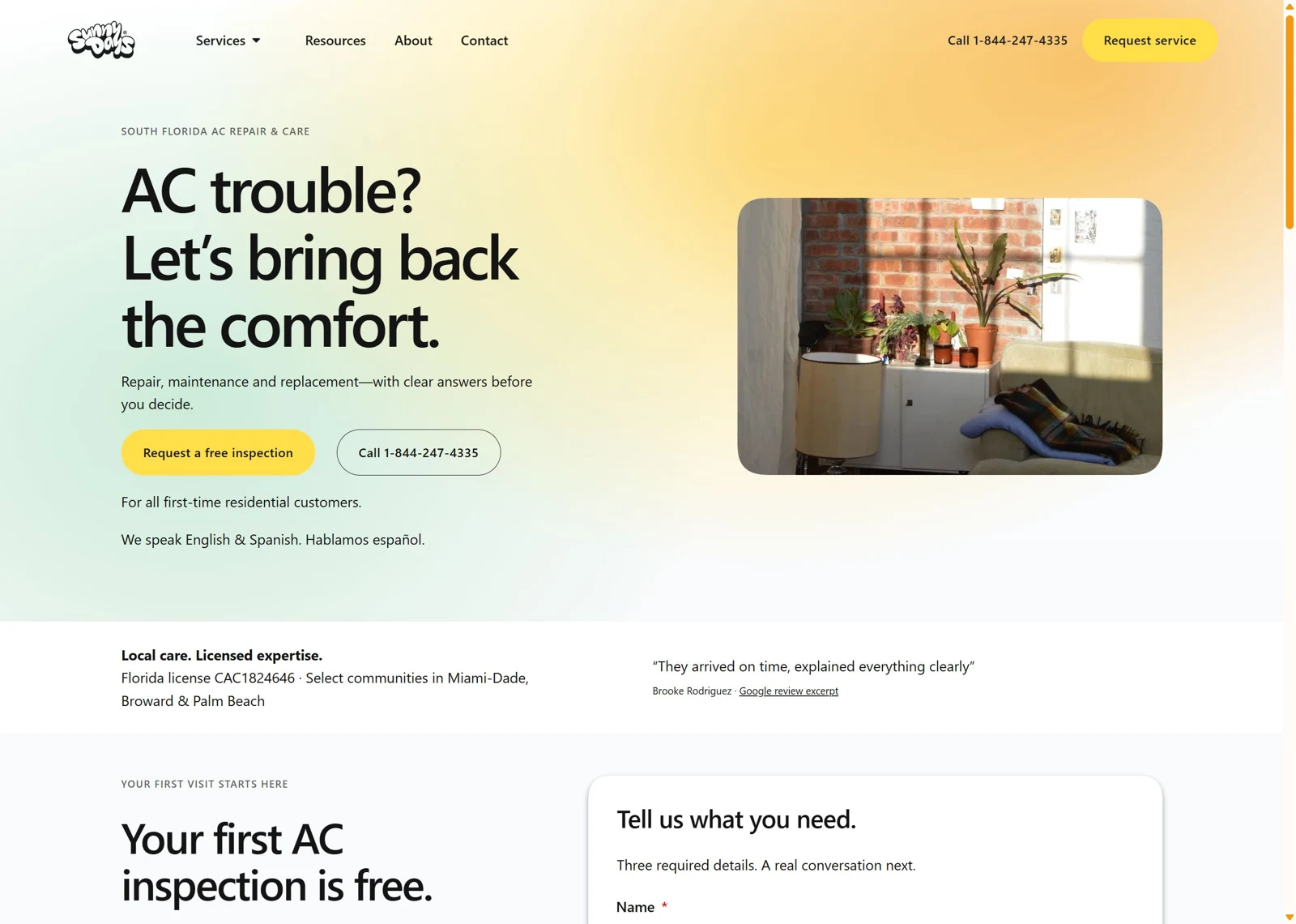 Sunny Days Home Services — desktop website view