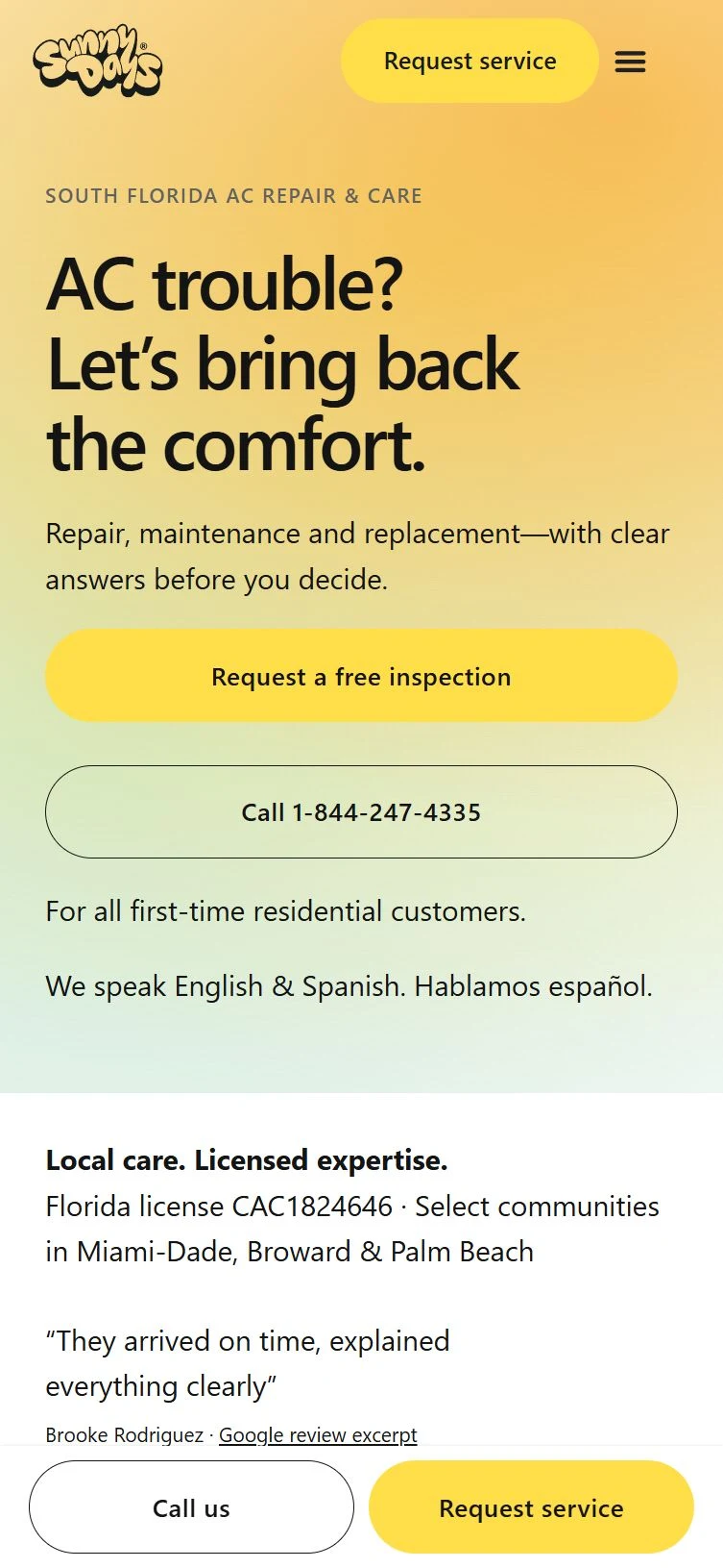 Sunny Days Home Services — mobile website view